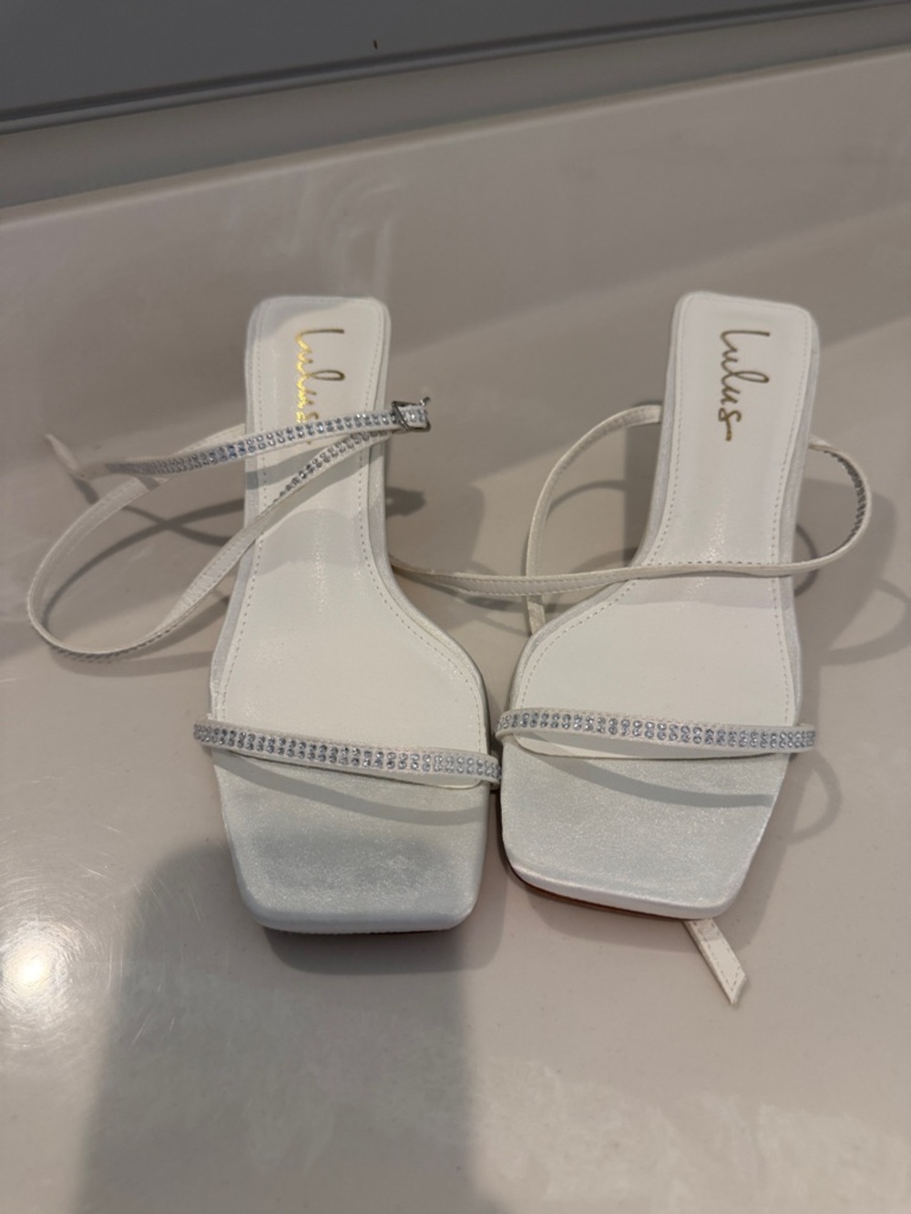 Lulu's White Rhinestone Strap Square-Toe Heeled Sandals